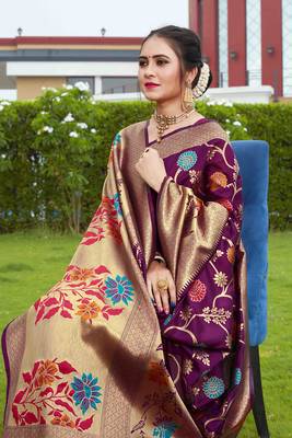 Wine Hand Woven Banarasi silk blend Saree With Blouse 3