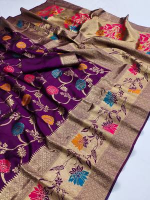 Wine Hand Woven Banarasi silk blend Saree With Blouse 4