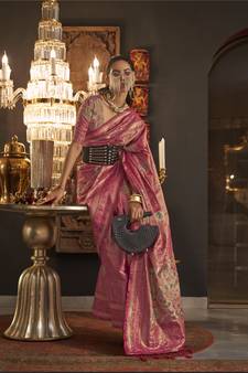 Pink Woven Silk Blend Saree With Blouse