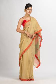 Natural Tussar Colour Handwoven Cotton Jamdani handloom Saree