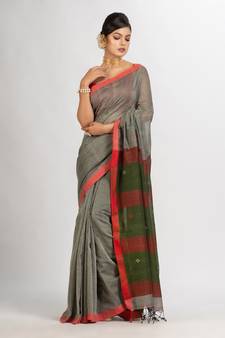 Grey Handwoven Cotton Jamdani handloom Saree