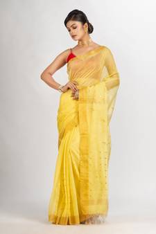 Yollow Silk Cotton Pocket Chumki Jamdani handloom saree
