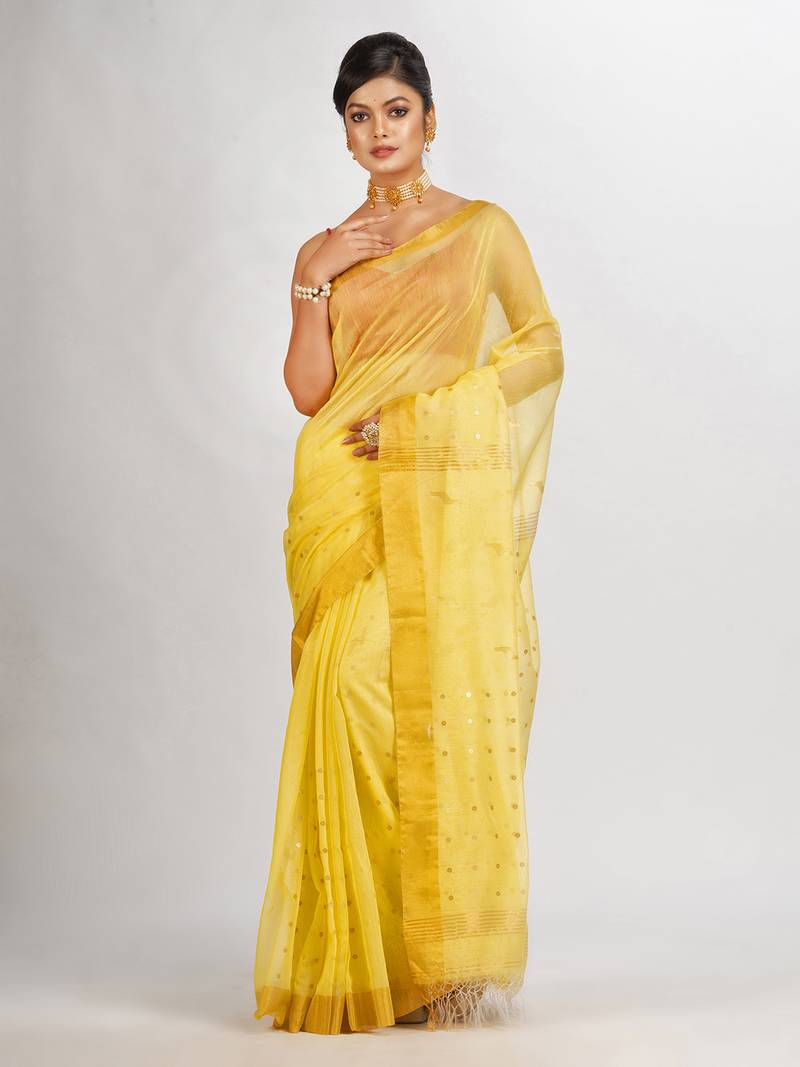 Yollow Silk Cotton Pocket Chumki Jamdani handloom saree