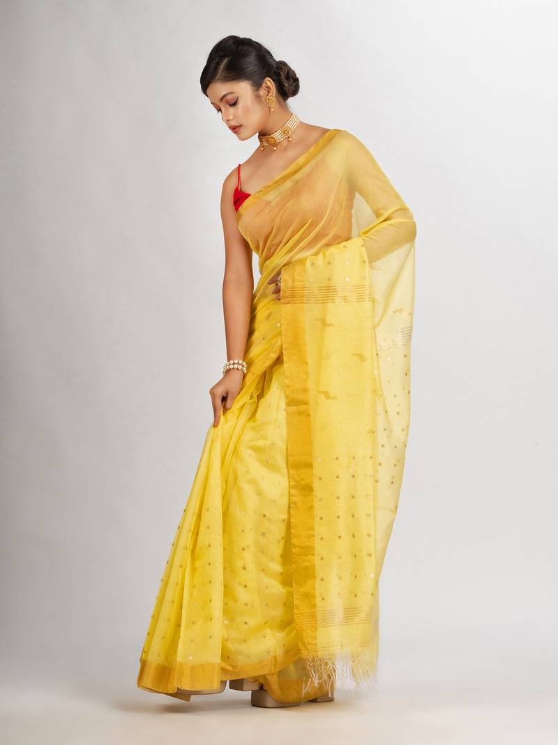 Yollow Silk Cotton Pocket Chumki Jamdani handloom saree
