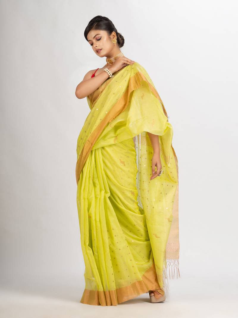 Lemon Yollow Silk Cotton Pocket Chumki Jamdani handloom saree