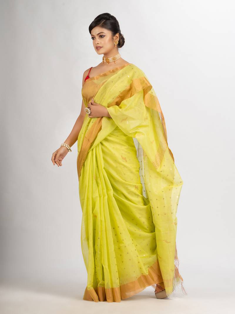 Lemon Yollow Silk Cotton Pocket Chumki Jamdani handloom saree