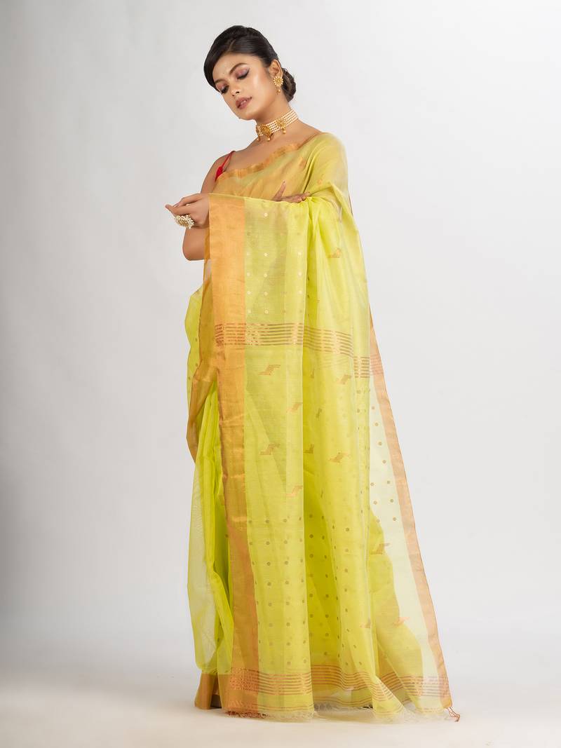 Lemon Yollow Silk Cotton Pocket Chumki Jamdani handloom saree