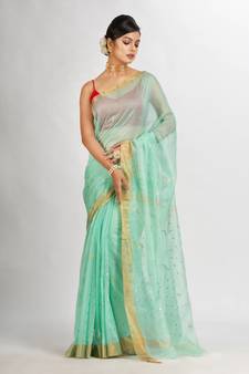 Pastel Green Silk Cotton Pocket Chumki Jamdani handloom saree