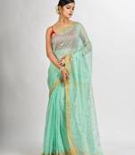 Pastel Green Silk Cotton Pocket Chumki Jamdani handloom saree