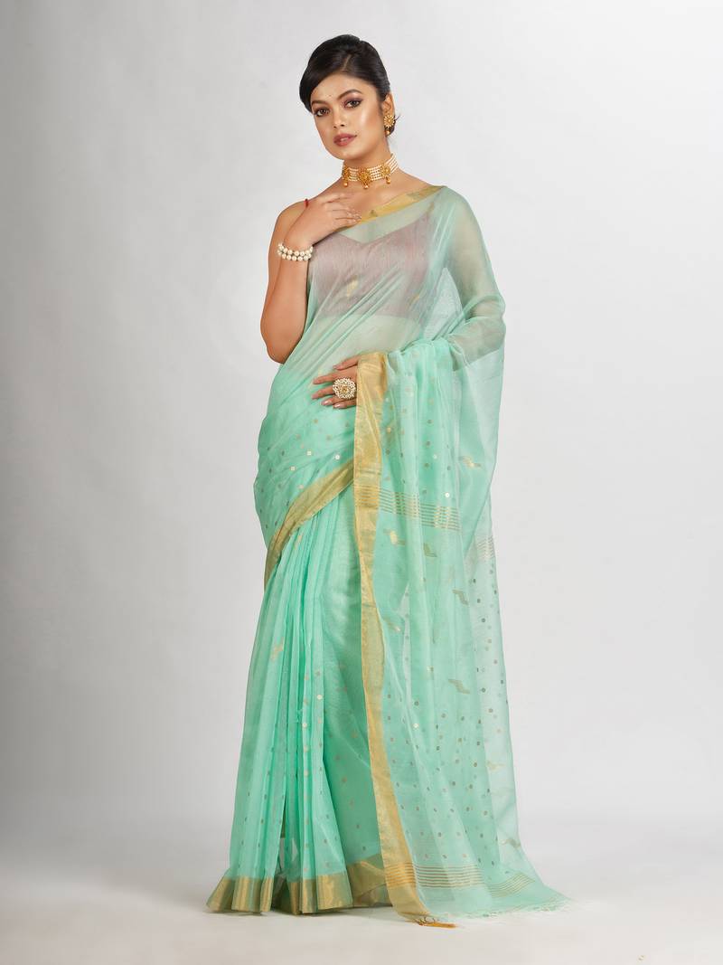 Pastel Green Silk Cotton Pocket Chumki Jamdani handloom saree
