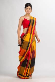 Black Red And Yollow Multi Colour Check handloom Saree