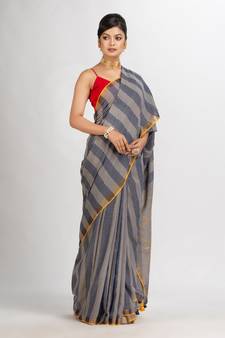 grey And Blue Stipe Handwoven Cotton Jamdani handloom Saree