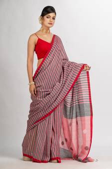 Red And Black Stipe Handwoven Cotton Jamdani handloom Saree