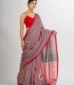 Red And Black Stipe Handwoven Cotton Jamdani handloom Saree