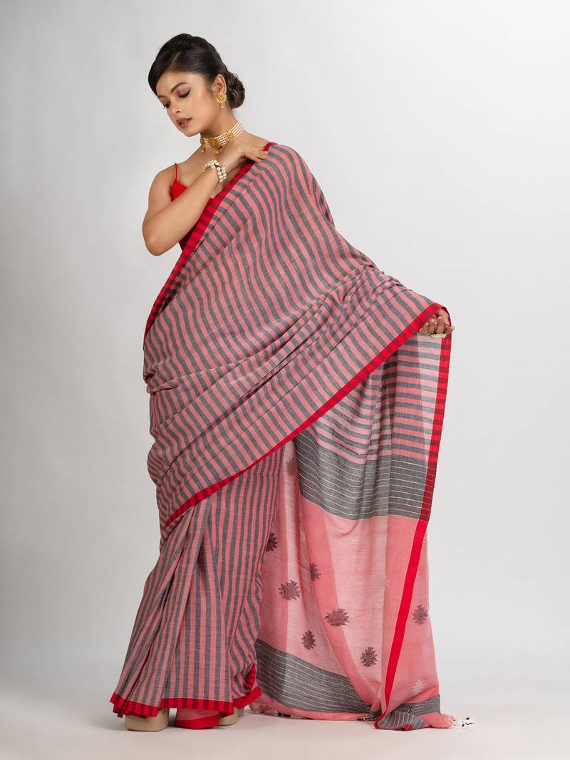 Red And Black Stipe Handwoven Cotton Jamdani handloom Saree