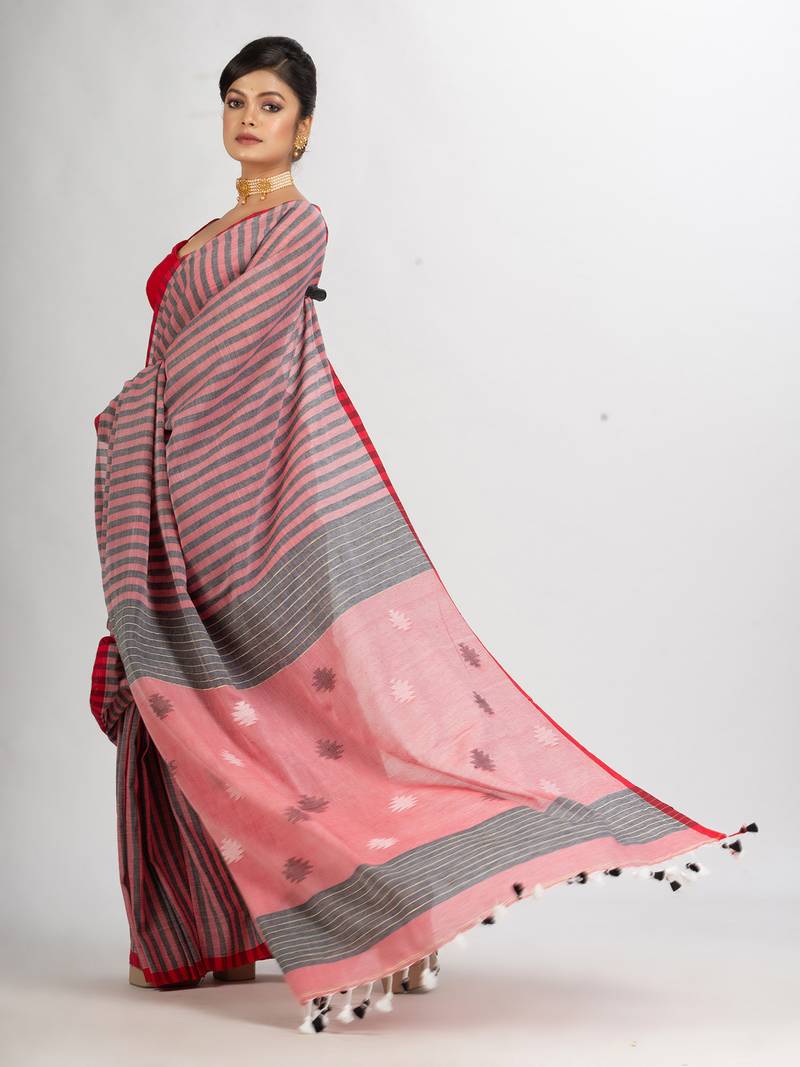 Red And Black Stipe Handwoven Cotton Jamdani handloom Saree