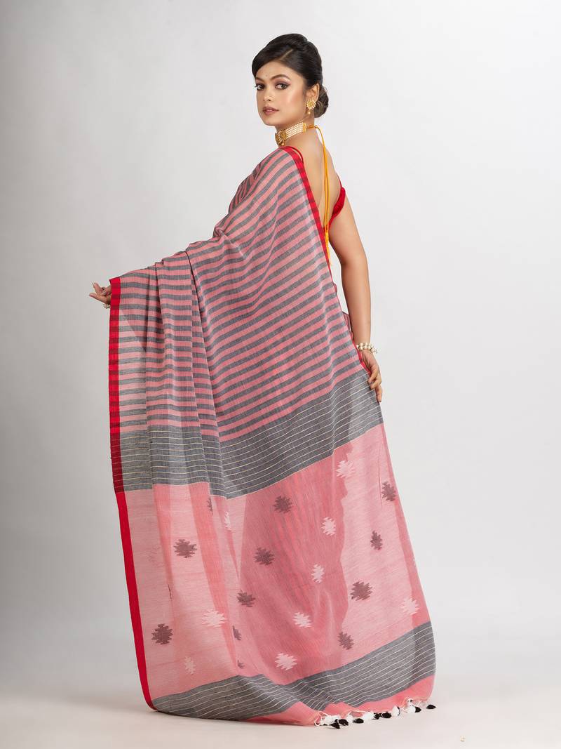 Red And Black Stipe Handwoven Cotton Jamdani handloom Saree