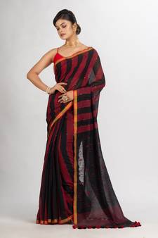 Black And Red Stipe Handwoven Cotton Jamdani handloom Saree