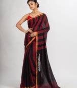 Black And Red Stipe Handwoven Cotton Jamdani handloom Saree