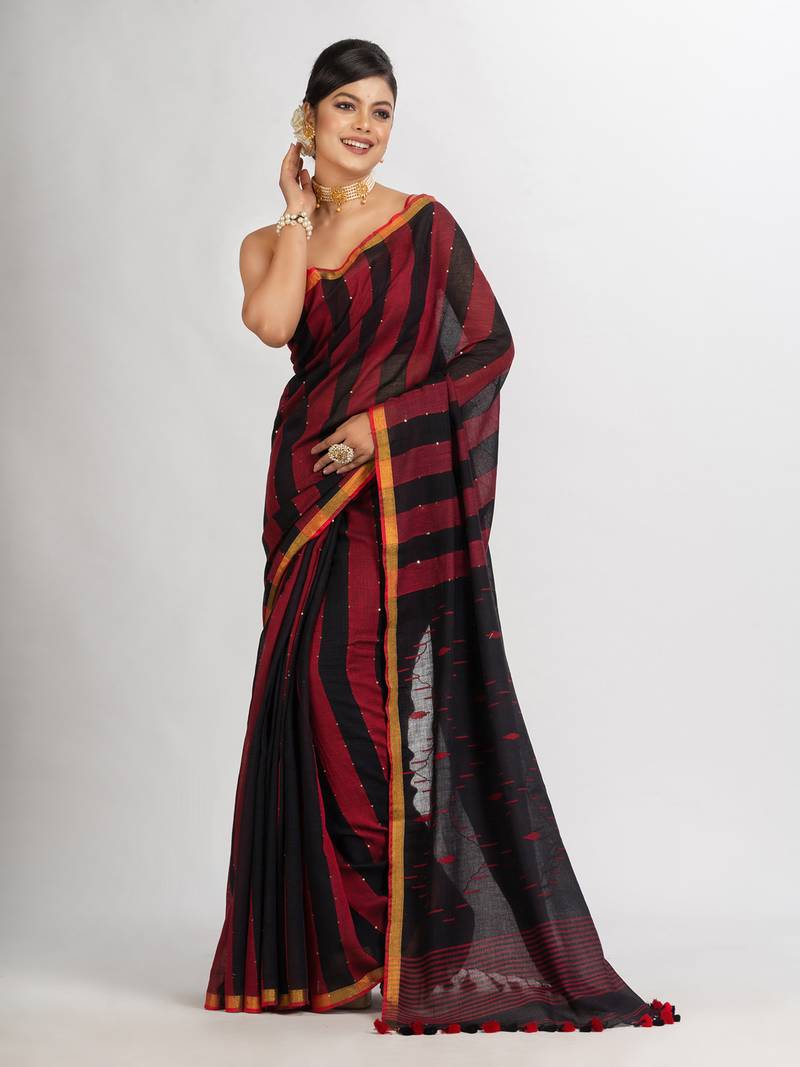 Black And Red Stipe Handwoven Cotton Jamdani handloom Saree