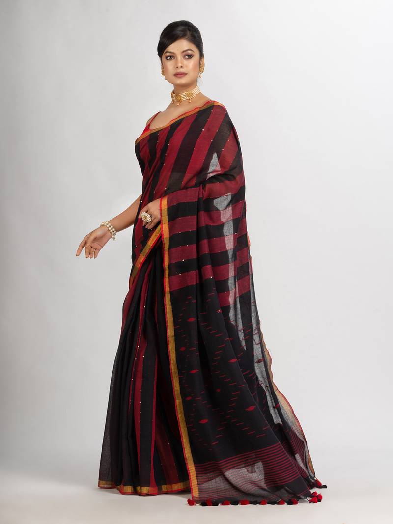Black And Red Stipe Handwoven Cotton Jamdani handloom Saree