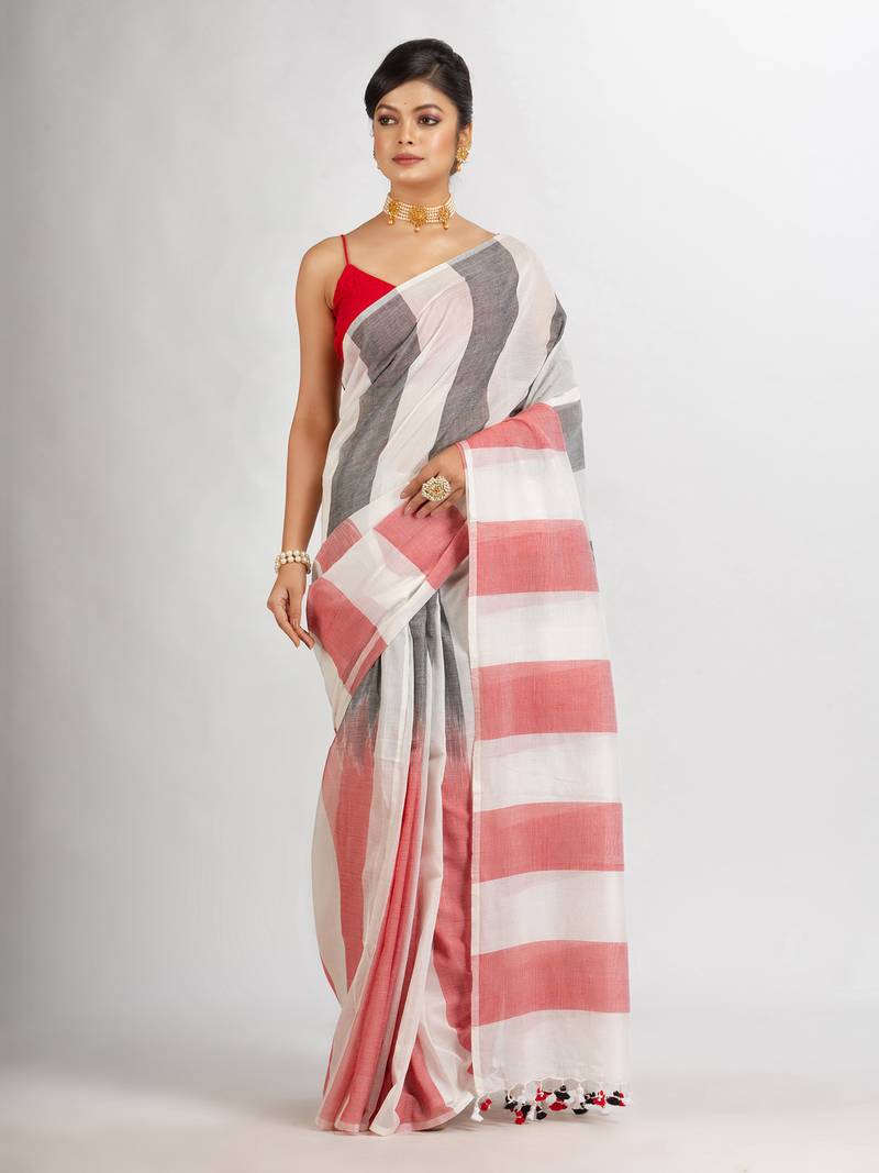 White Black And Red Stipe Cotton handloom Saree
