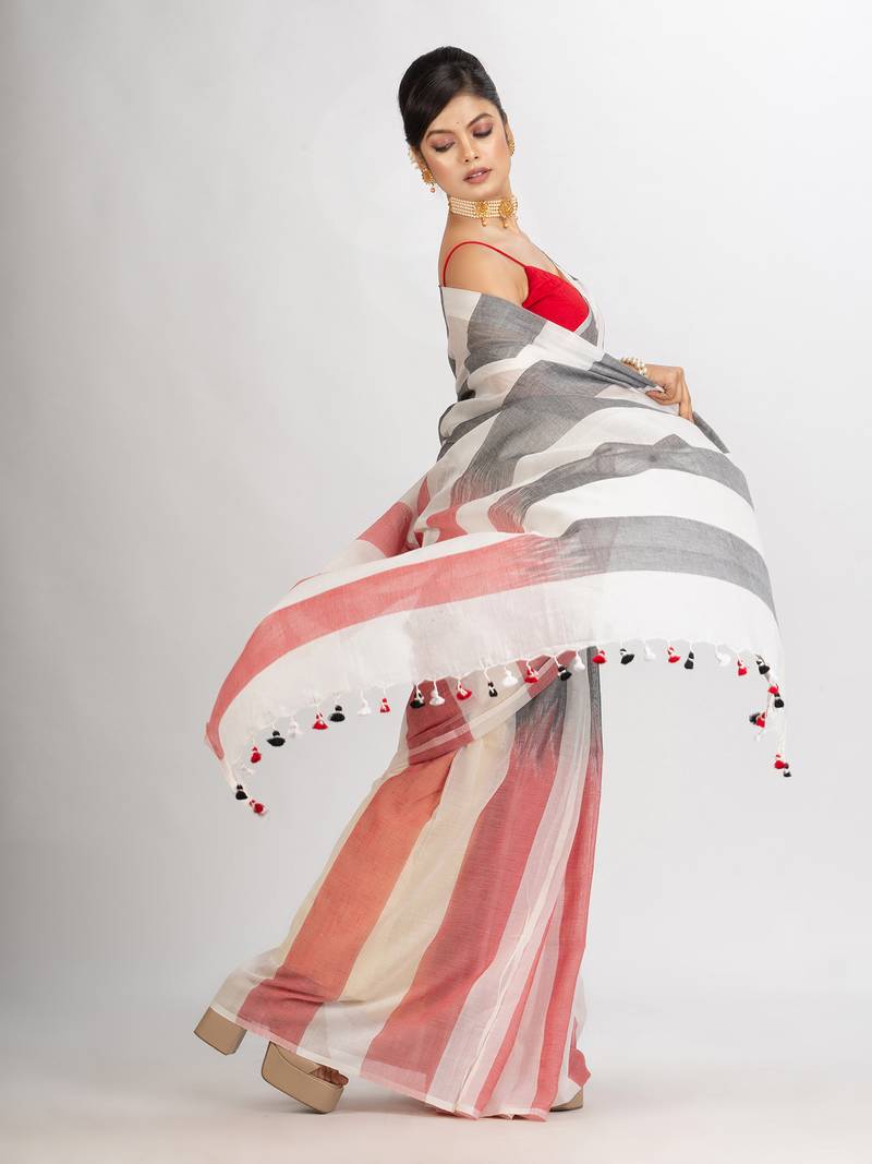 White Black And Red Stipe Cotton handloom Saree