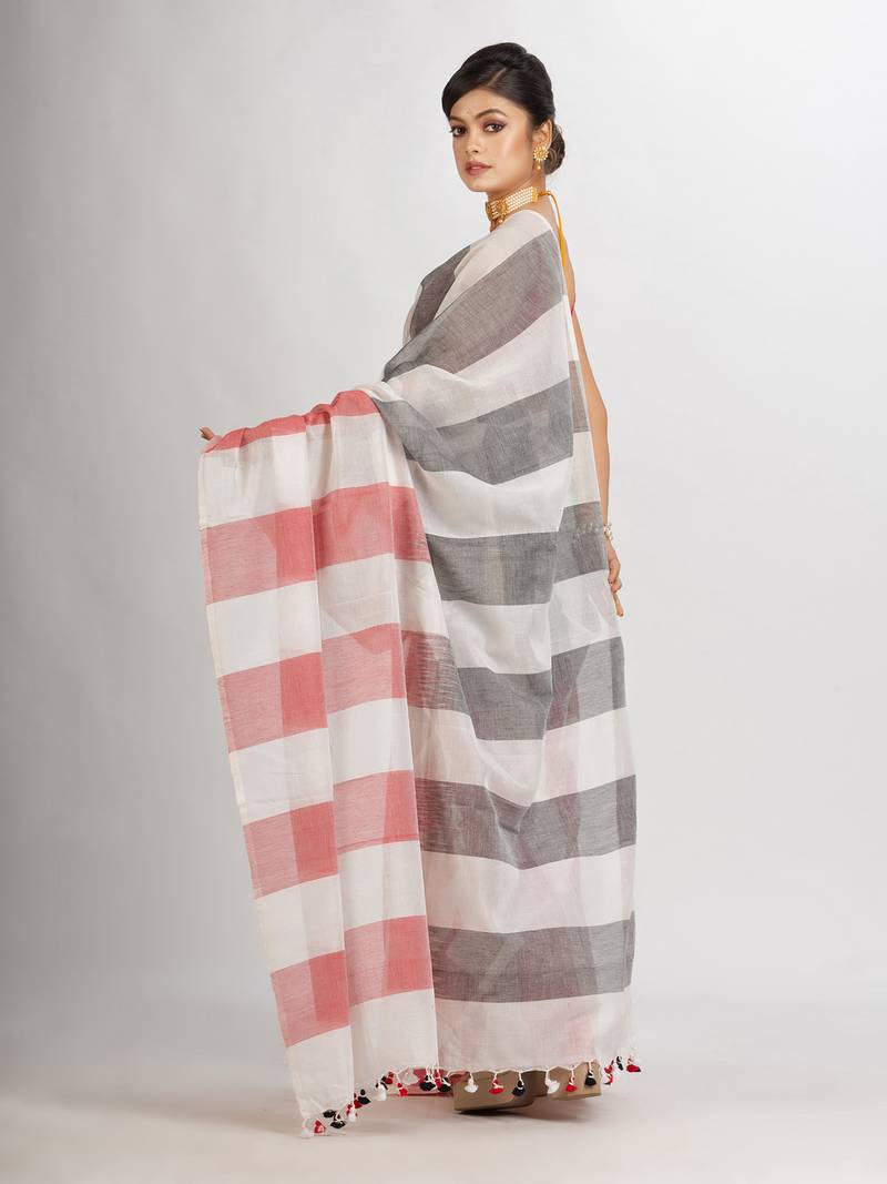 White Black And Red Stipe Cotton handloom Saree