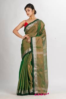 Green Zari Cotton Tissue Jacquard Border handloom Saree
