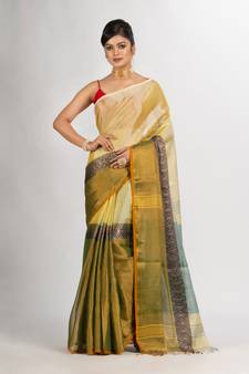 Green And Off White Zari Cotton TissueMadhumani Jacquard handloom Saree