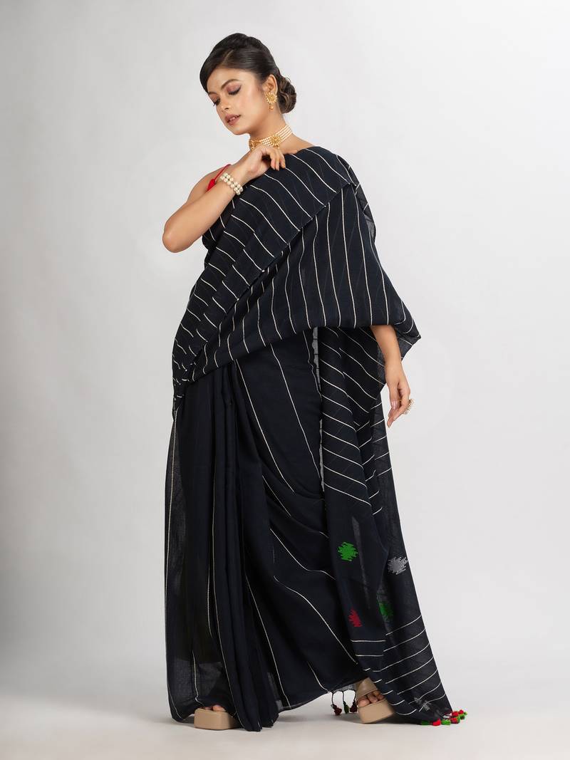 Black Handwoven Cotton Jamdani handloom Saree