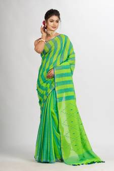 Parrot green And Sky Blue Stipe Handwoven Cotton Jamdani handloom Saree