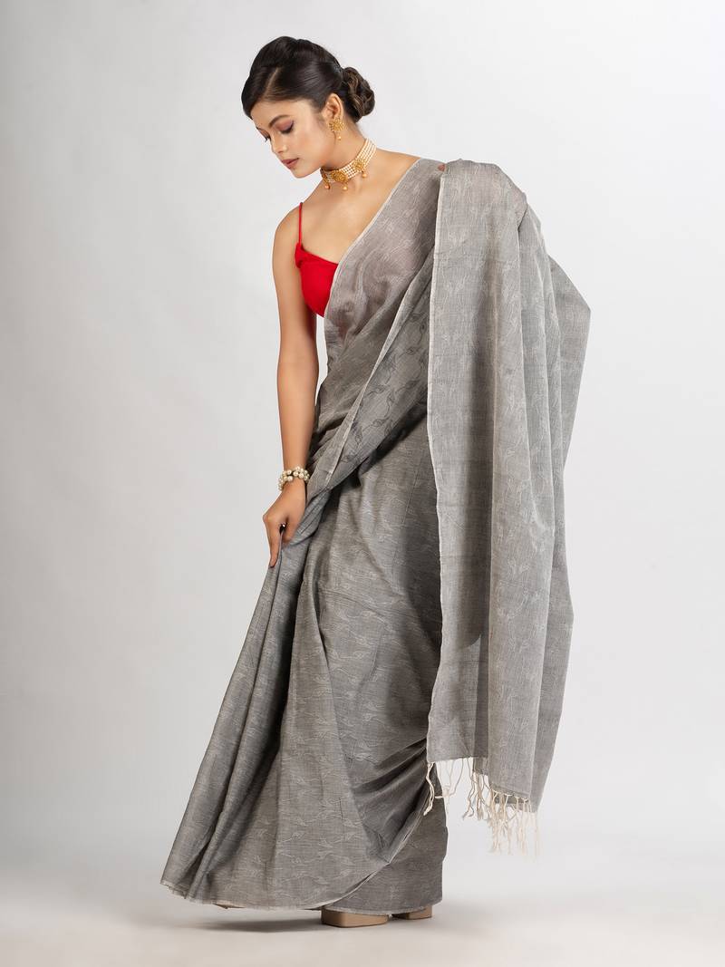 grey Cotton Jacquard handloom Saree