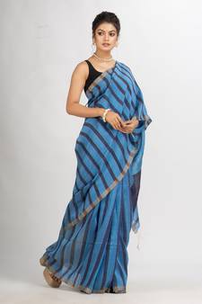 Sky blue And Black Silk Lilne Ckeck Handloom saree