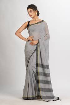White And Black Cotton Check Handloom Saree