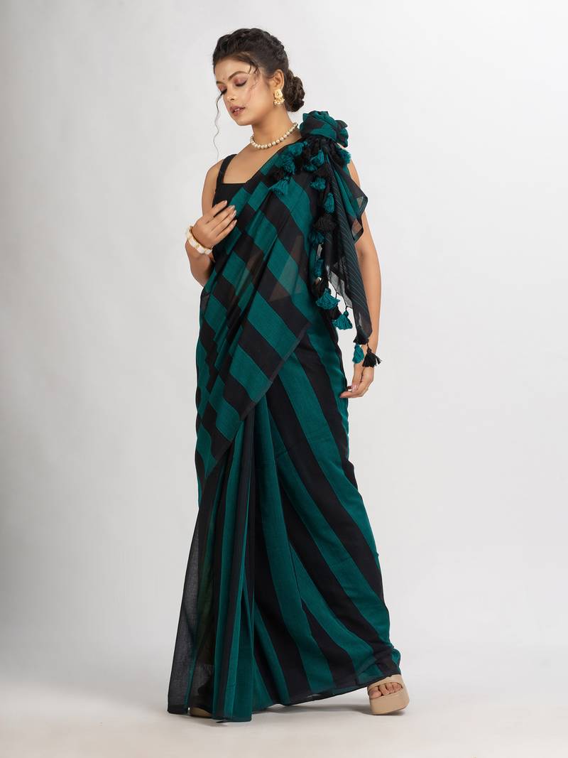 Raja And Black Stipe Handwoven Cotton handloom Saree