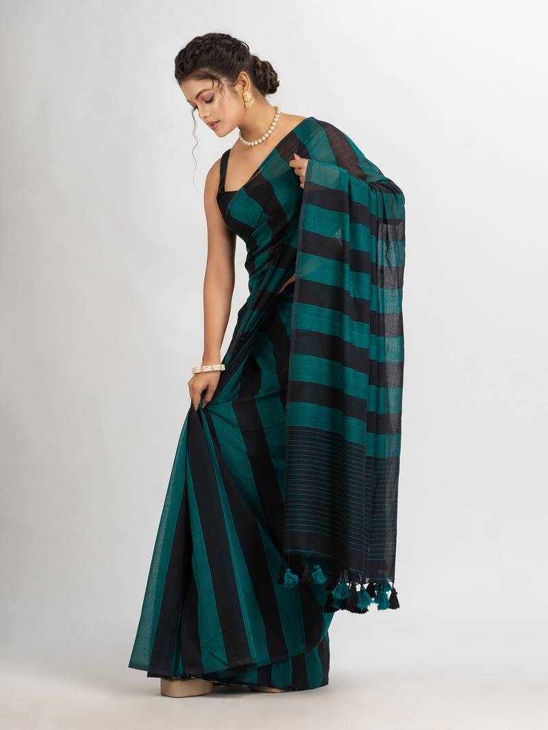 Raja And Black Stipe Handwoven Cotton handloom Saree