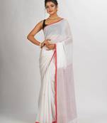White Handwoven Cotton Stipe handloom Saree