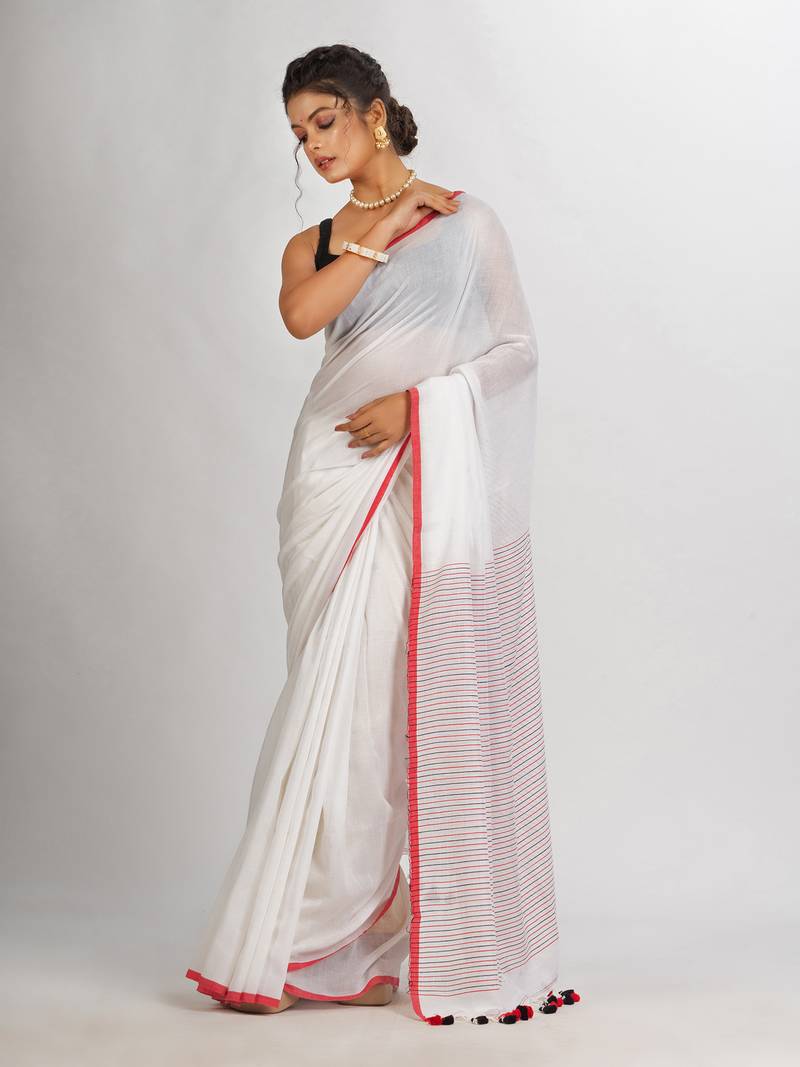 White Handwoven Cotton Stipe handloom Saree
