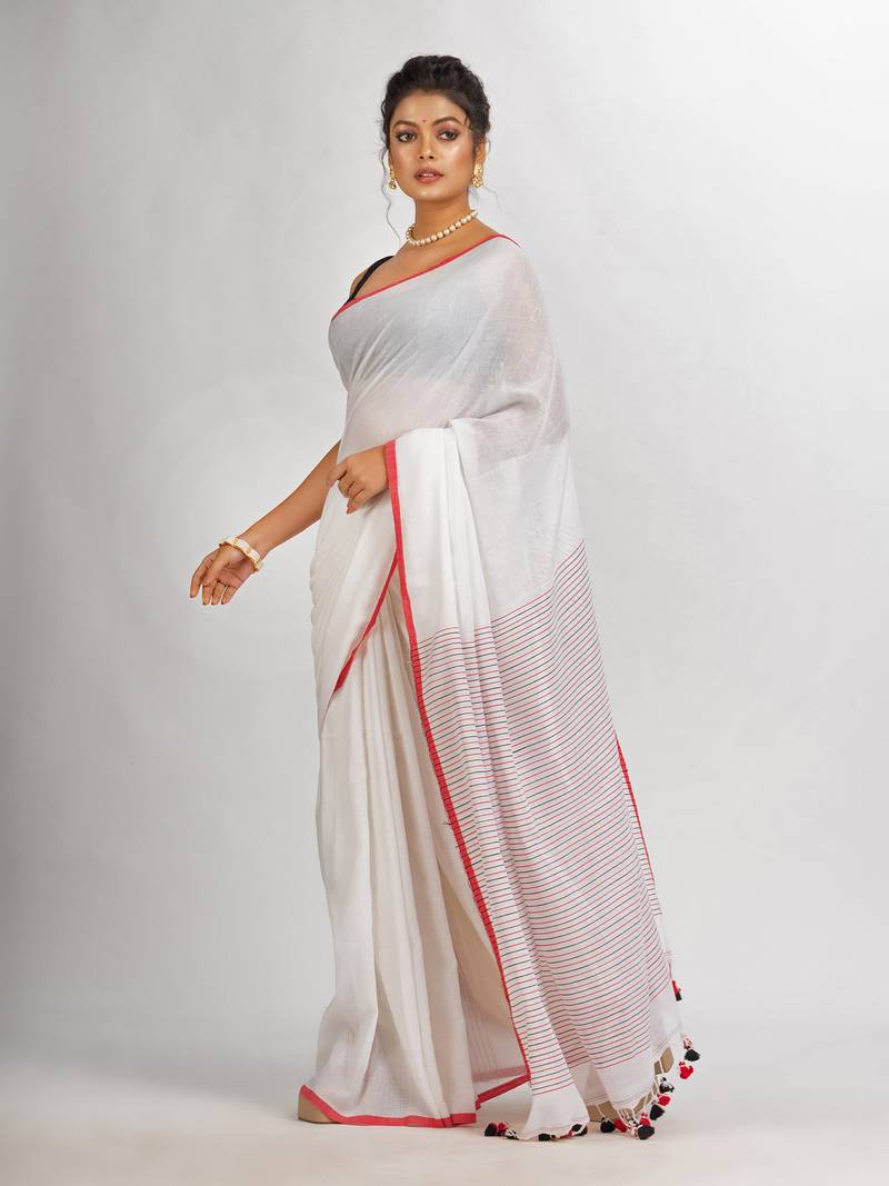 White Handwoven Cotton Stipe handloom Saree