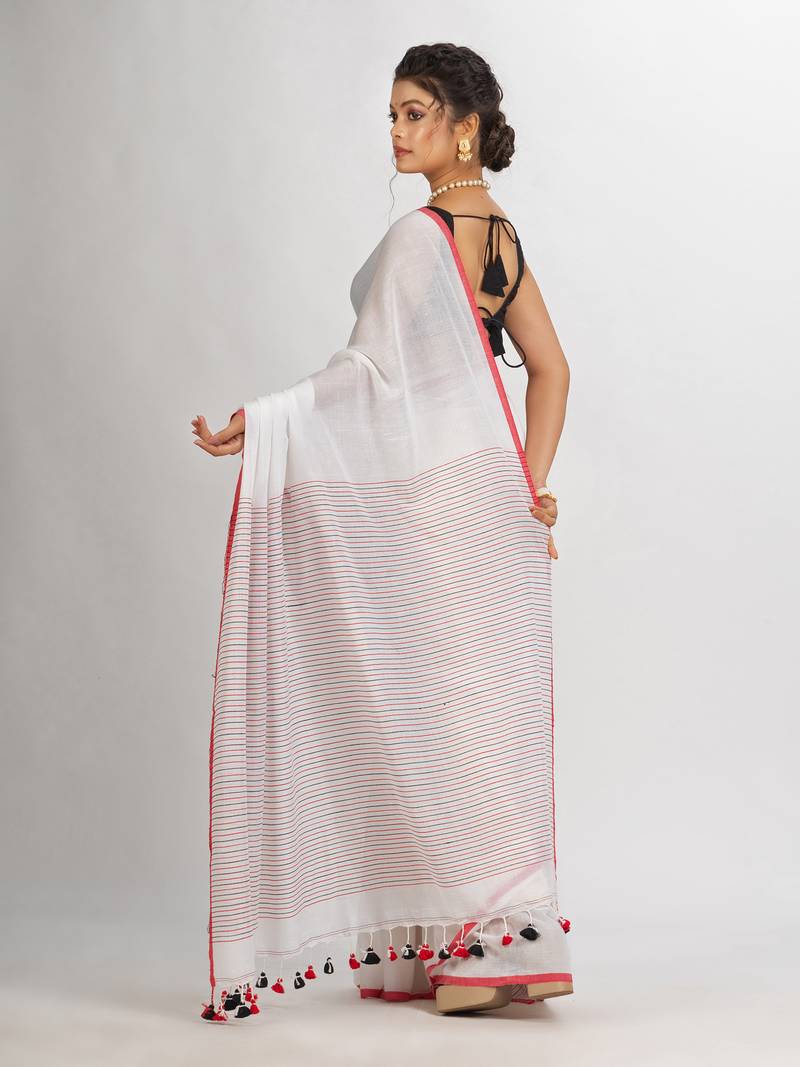 White Handwoven Cotton Stipe handloom Saree