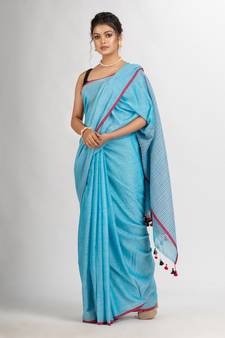 Sky Blue Handwoven Cotton Stipe handloom Saree