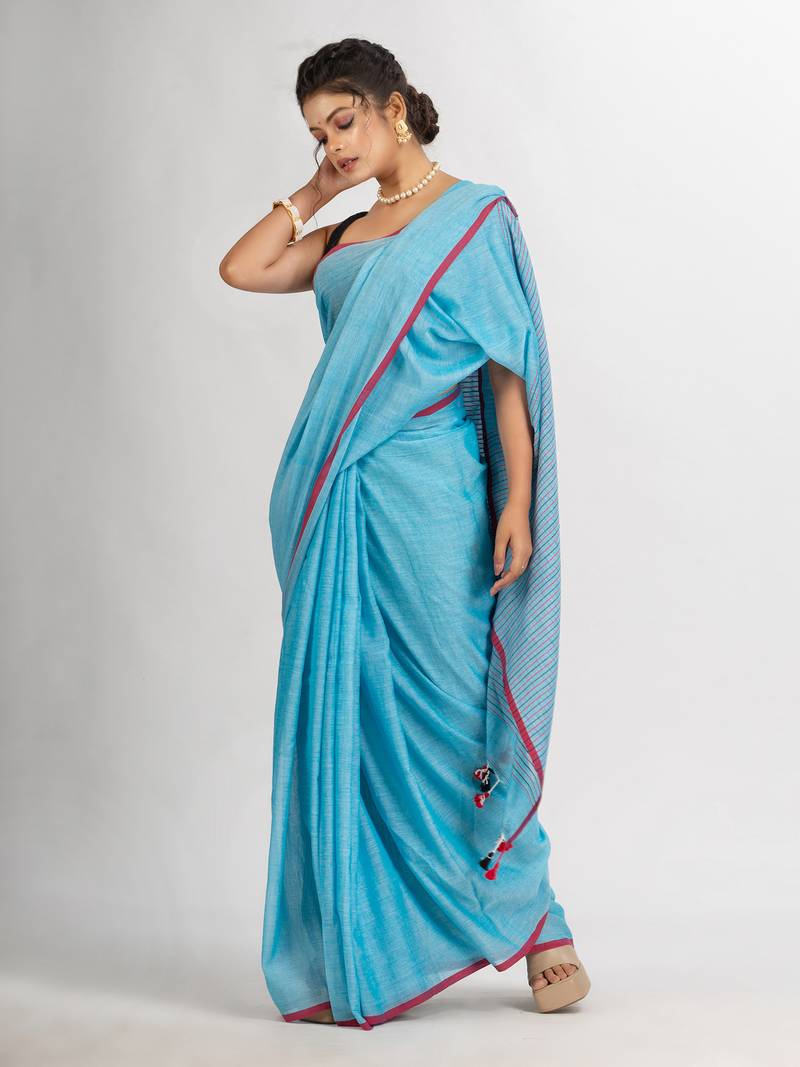 Sky Blue Handwoven Cotton Stipe handloom Saree