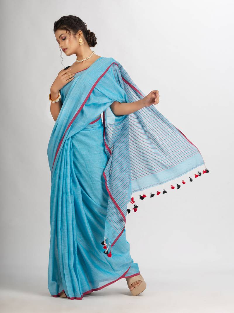 Sky Blue Handwoven Cotton Stipe handloom Saree