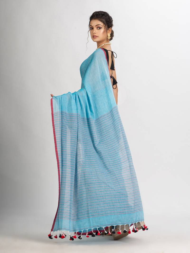Sky Blue Handwoven Cotton Stipe handloom Saree