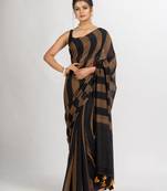 Brown And Black Stipe Handwoven Cotton handloom Saree