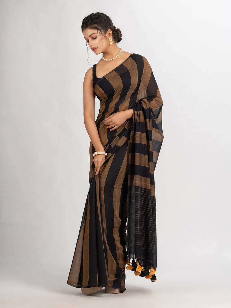 Brown And Black Stipe Handwoven Cotton handloom Saree