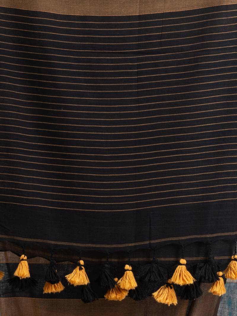 Brown And Black Stipe Handwoven Cotton handloom Saree