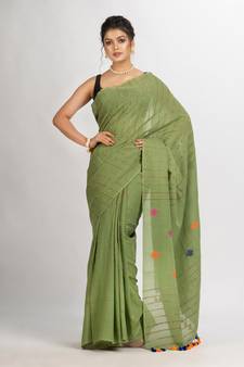 Sage Green Handwoven Cotton Jamdani handloom Saree