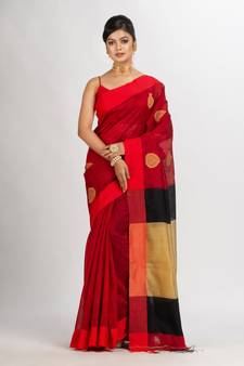 Red Cotton Blend Handloom Jacquard handloom Saree